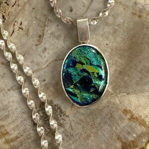 Sterling Silver 925 Large Oval Blue Green Dichroic Glass Pendant Necklace 18"